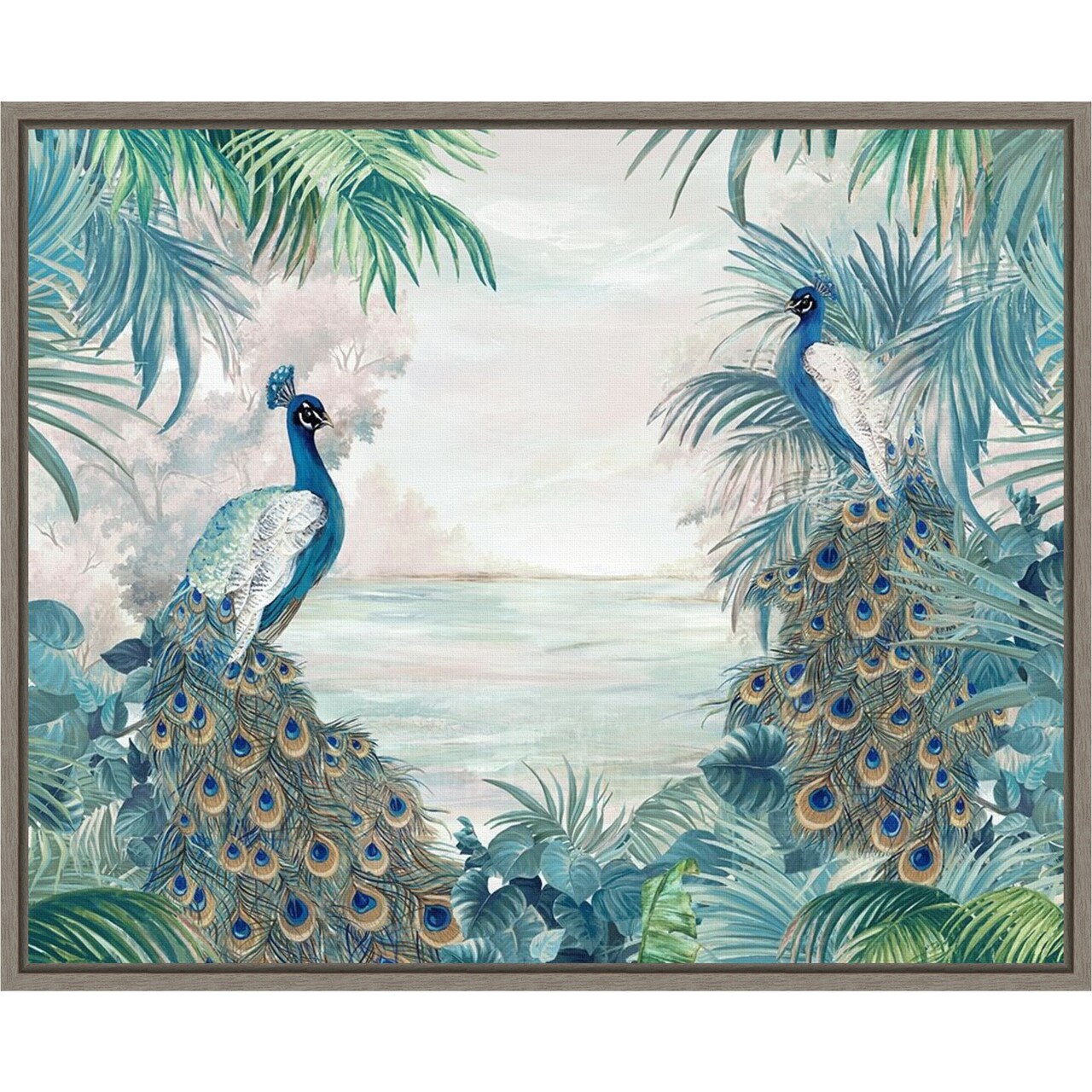Indian Peafowls by Eva Watts 20-in. W x 16-in. H. Canvas Wall Art Print Framed in Grey